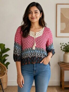 Rock & Roll Cowgirl Crochet Collar Pesant Blouse Size Large Sheer Costal Boho